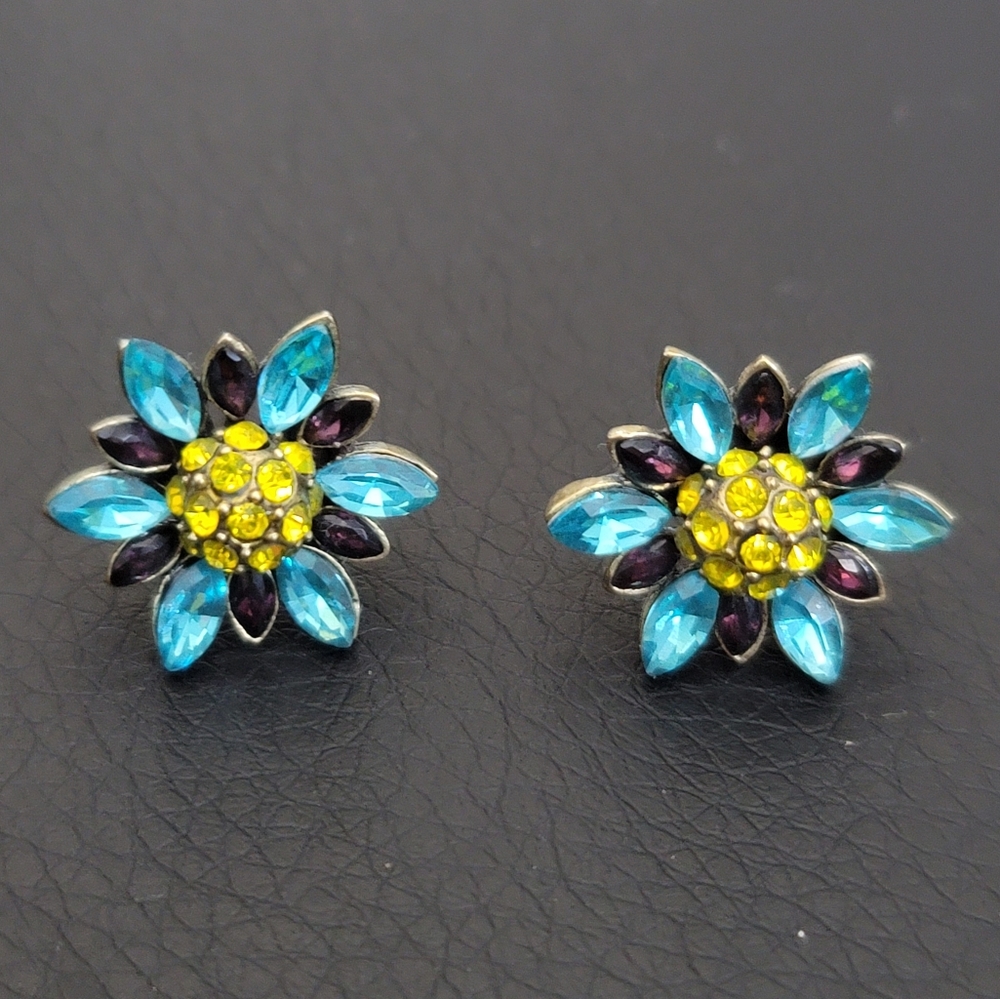 Authentic Heidi Daus Pierced Flower Earrings, Blue and Yellow, Excellent